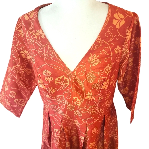 eShakti Floral print dupioni pleated empire dress sz 1X rust gold floral maxi - Picture 5 of 11